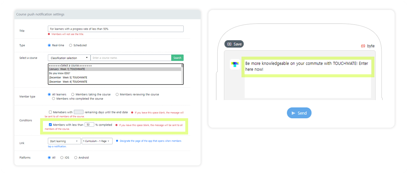 Per-learner progress tracking and push notification feature